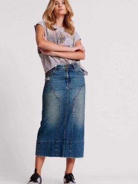One Teaspoon Cassidy Denim Midi Skirt Gritty Blue Size 28 NWT
